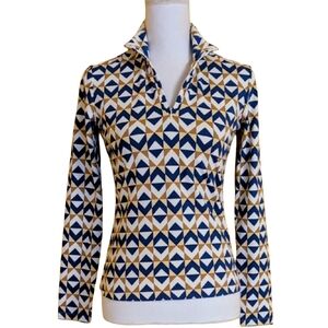 J. McLaughlin Bedford Quarter Zip Blue and Tan Geometric Top Size XS